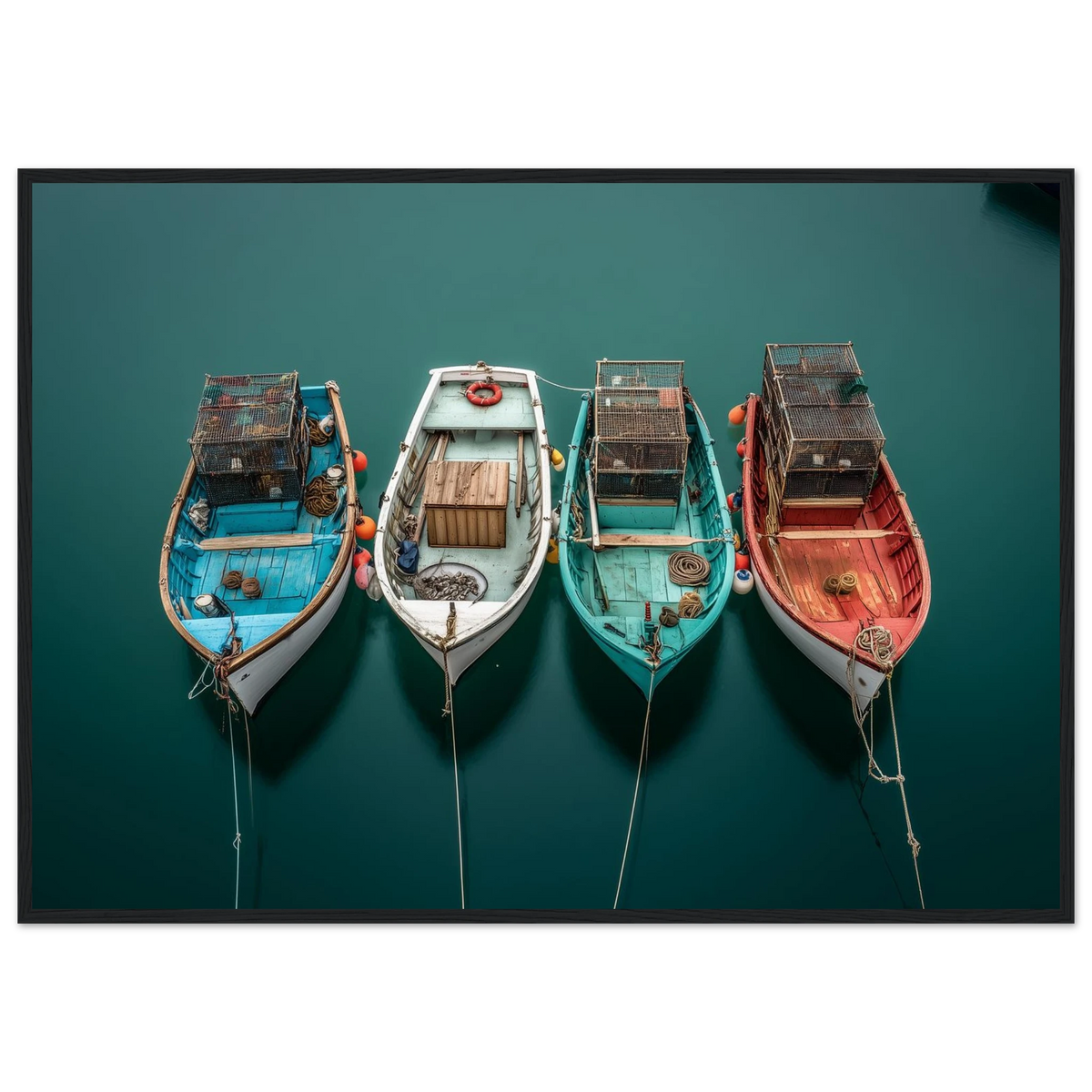 Painted boat hulls on still dark water from above, print in a slim dark frame