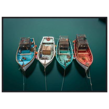Painted boat hulls on still dark water from above, print in a slim dark frame