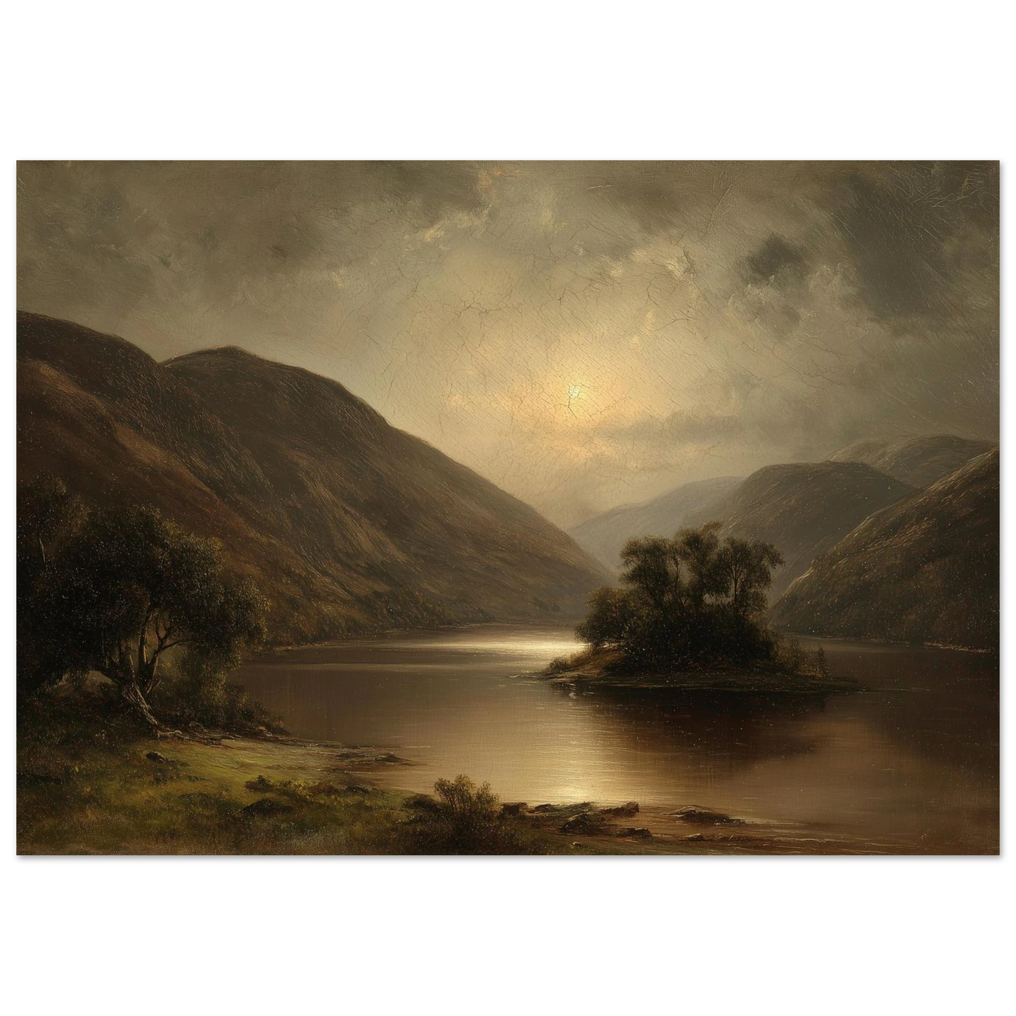 Moonlit loch and wooded island, classical landscape print in a dark grey frame