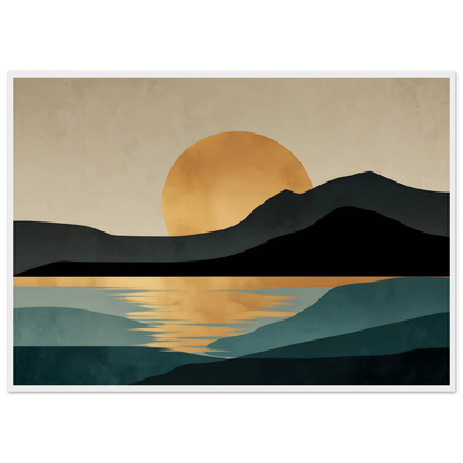 Minimalist gold sun and black headland print in a white frame, large size