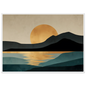 Minimalist gold sun and black headland print in a white frame, large size