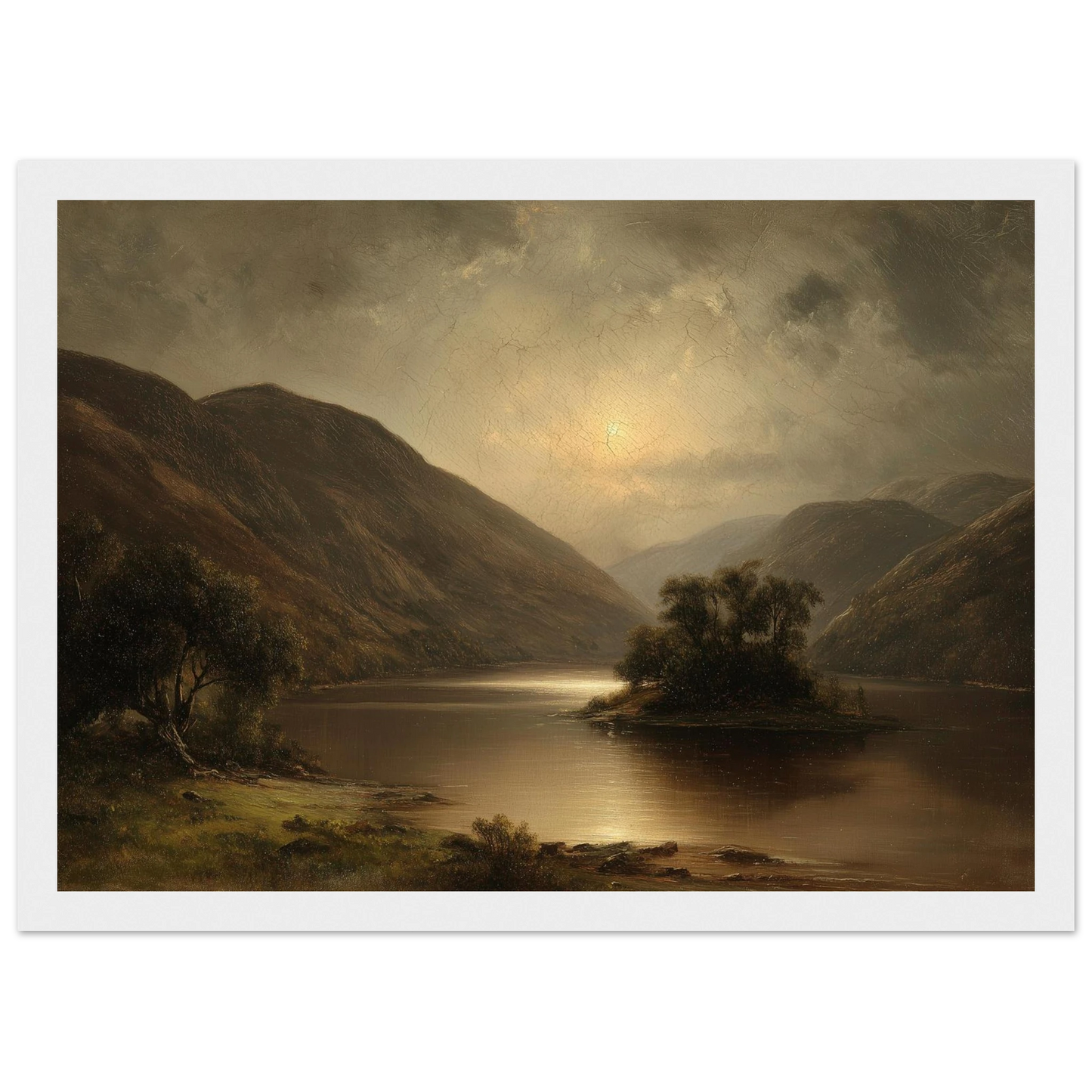 Antique oil style Highland loch at moonrise, print in a white frame with a wide mount