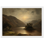 Antique oil style Highland loch at moonrise, print in a white frame with a wide mount