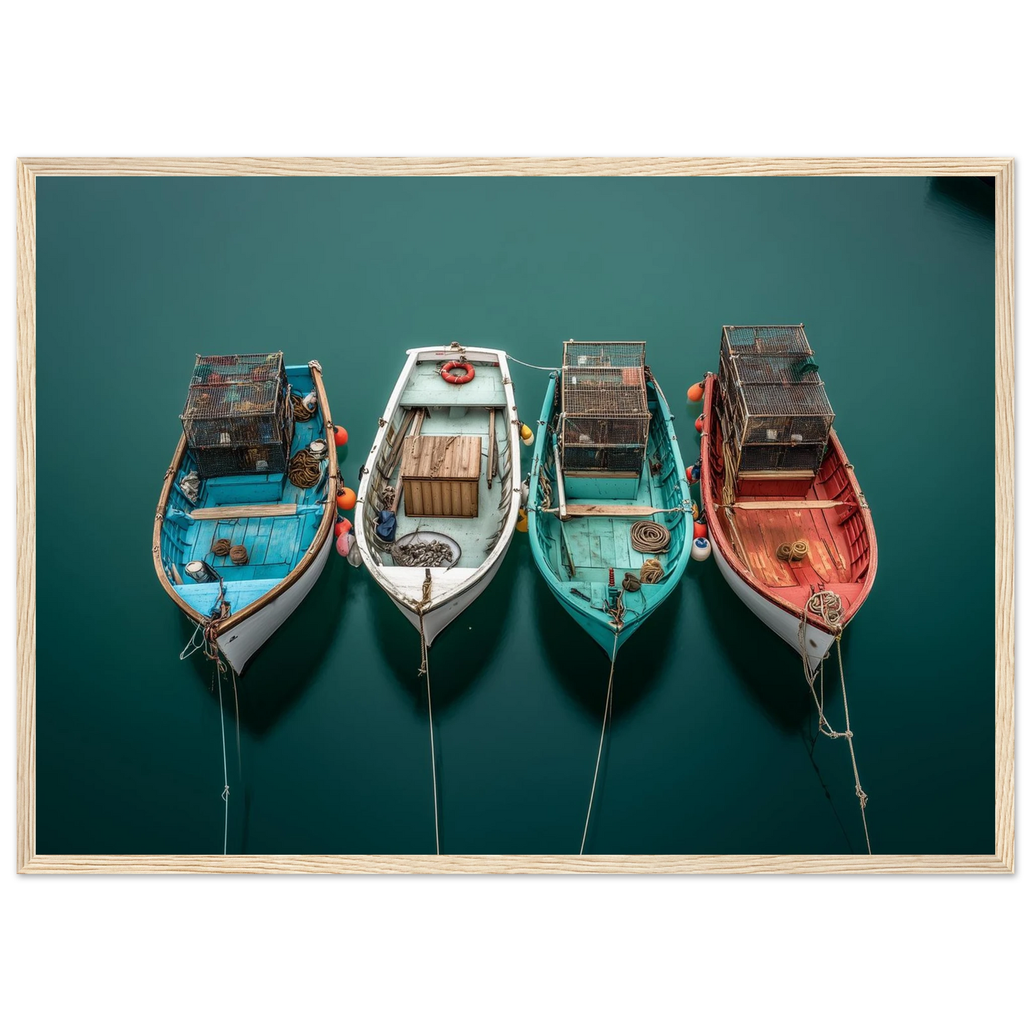 Overhead view of small boats at anchor, framed in light oak