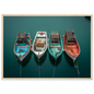 Overhead view of small boats at anchor, framed in light oak