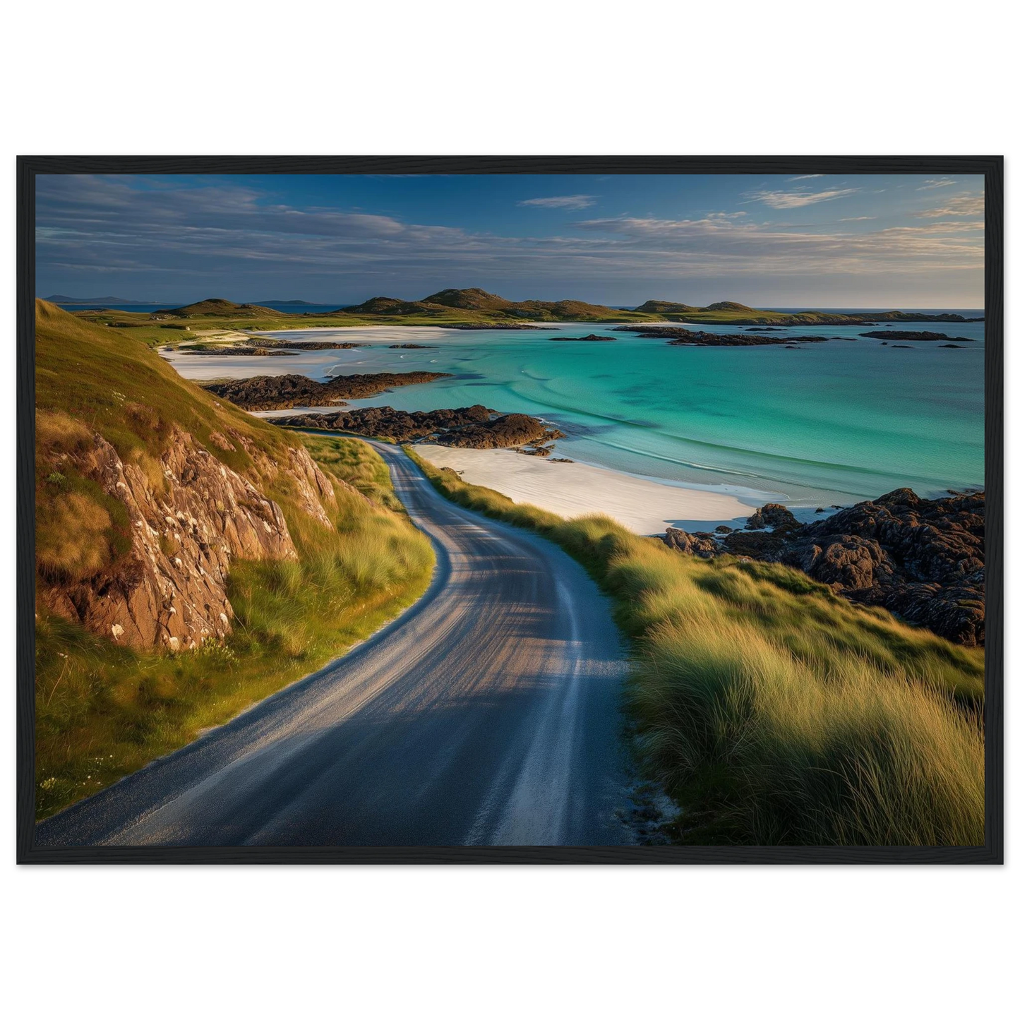Isle of Harris coastal road and turquoise sea, framed in dark grey