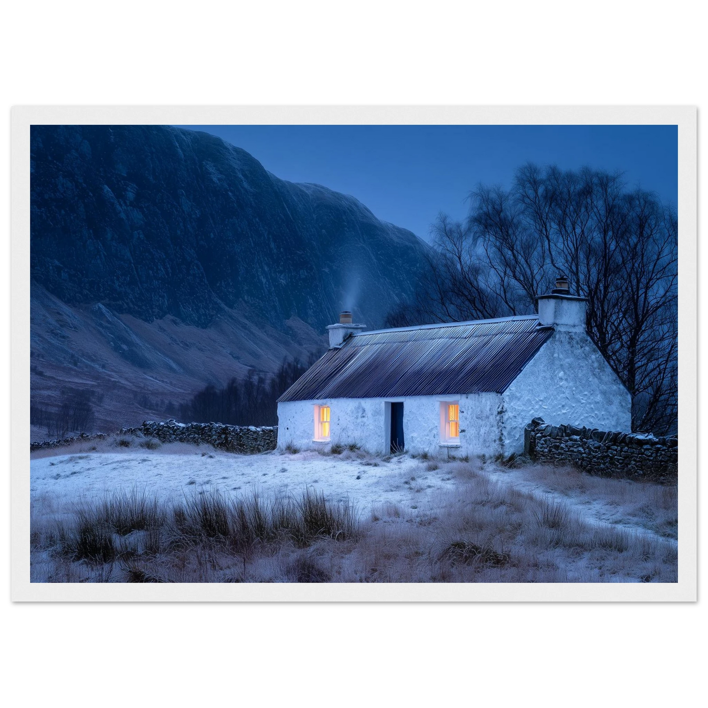 Scottish croft in winter, print in a white frame with a wide mount