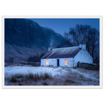 Scottish croft in winter, print in a white frame with a wide mount