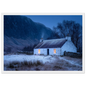 Scottish croft in winter, print in a white frame with a wide mount
