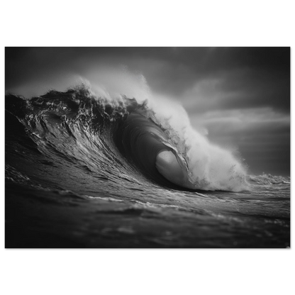 A breaking ocean wave curling into a barrel with light glowing through the lip, black and white, print in a slim dark frame