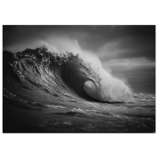 A breaking ocean wave curling into a barrel with light glowing through the lip, black and white, print in a slim dark frame
