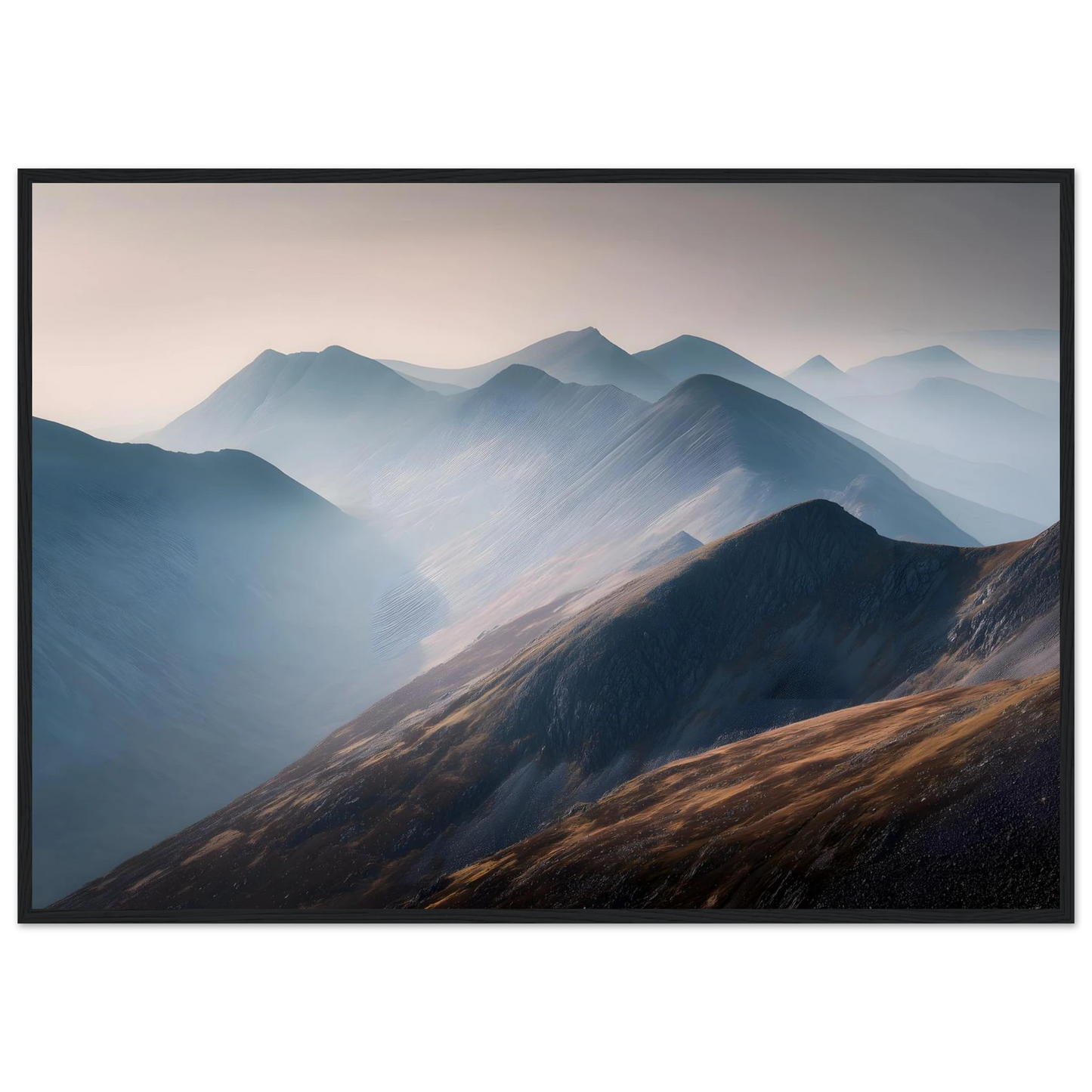 Layered misty mountain ridges print in a dark grey frame