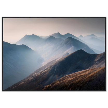 Layered misty mountain ridges print in a dark grey frame