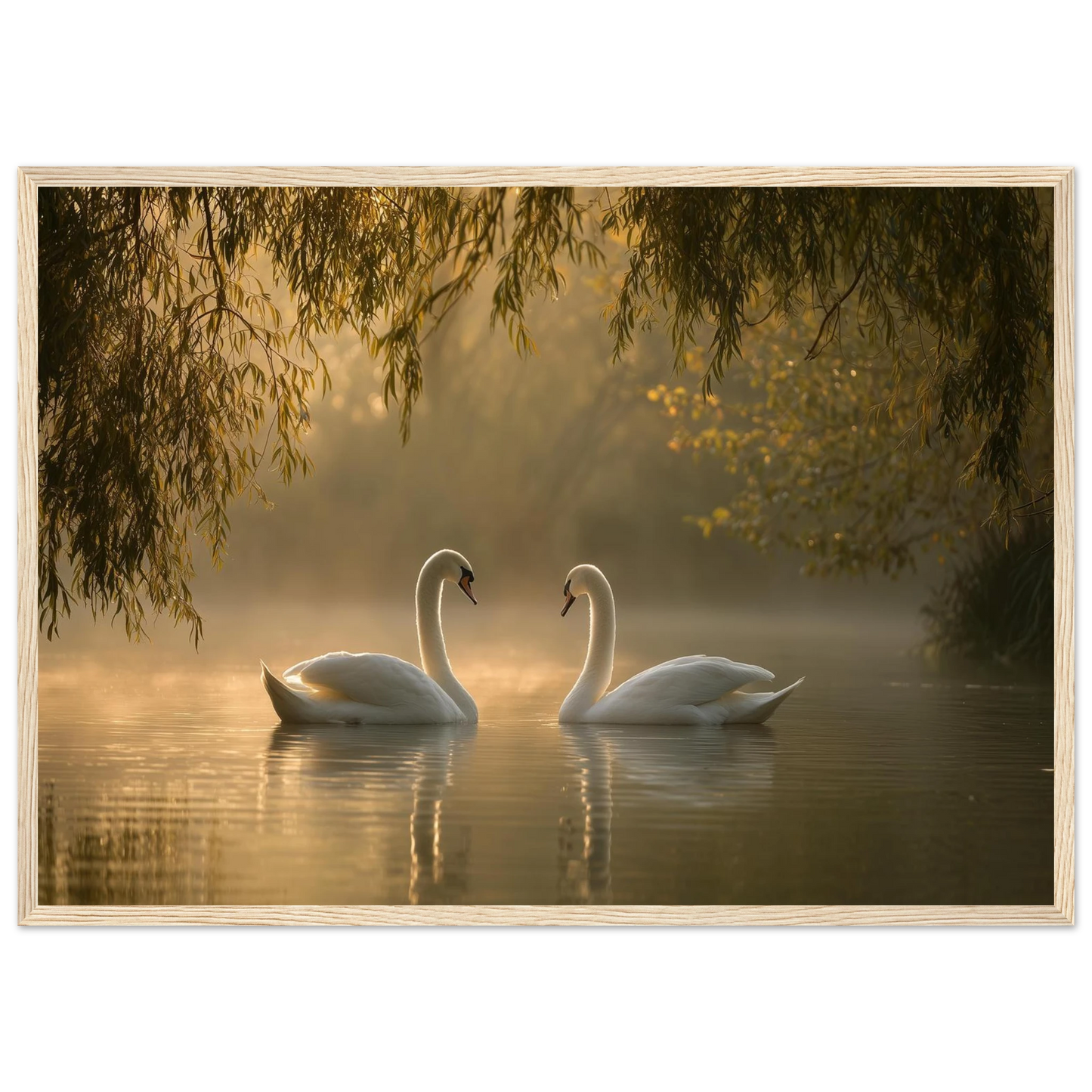 Two mute swans facing each other on a misty lake in golden morning light, print in a natural light wood frame