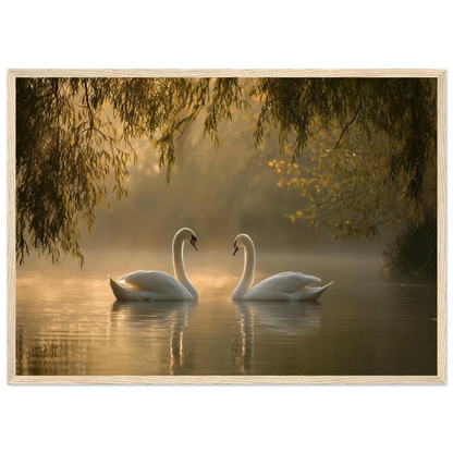 Two mute swans facing each other on a misty lake in golden morning light, print in a natural light wood frame