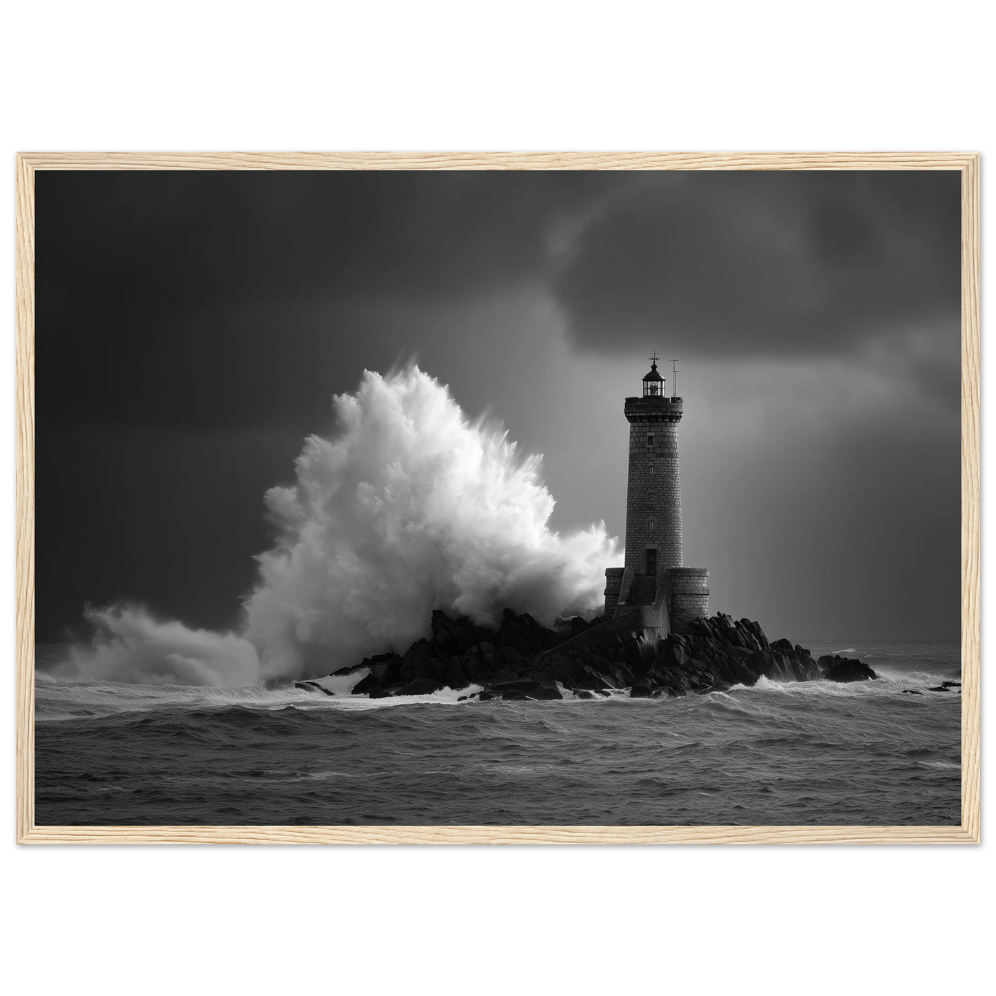Black and white lighthouse storm scene, framed in light natural wood