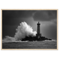 Black and white lighthouse storm scene, framed in light natural wood
