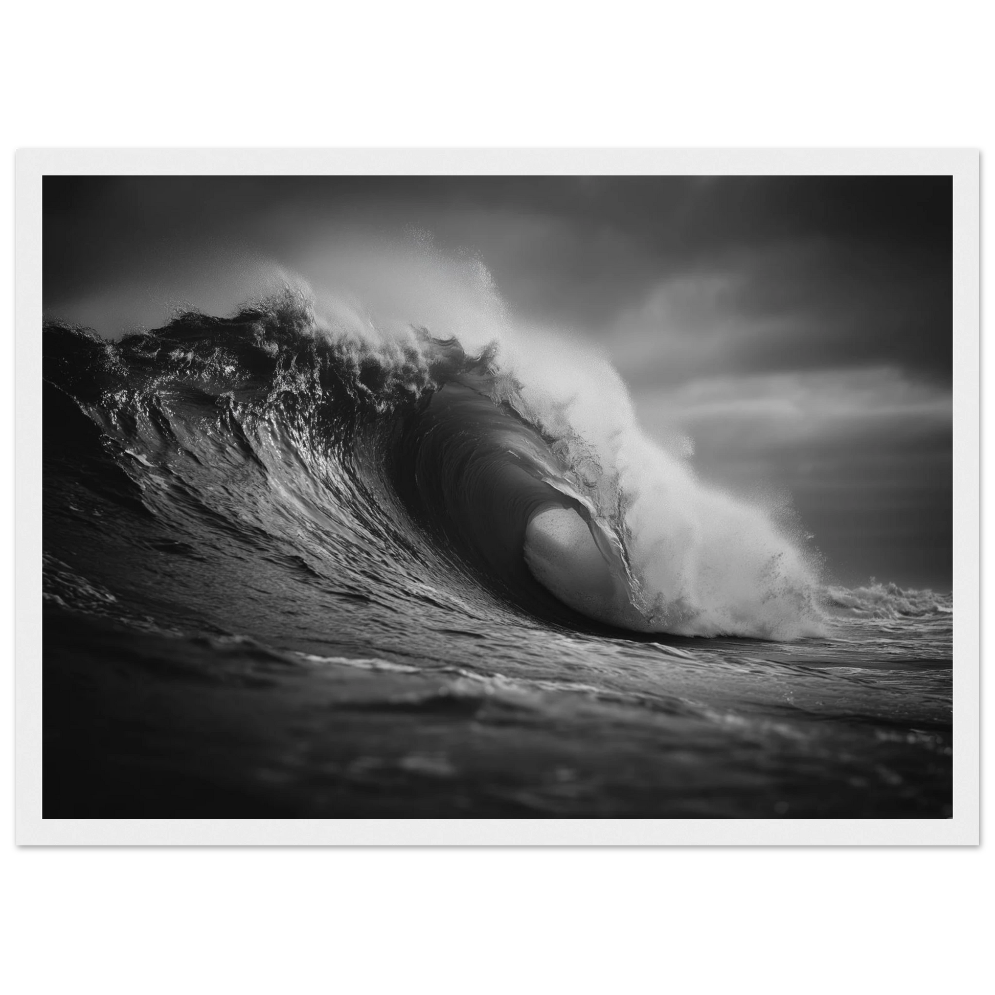 Black and white wave print in a white frame with a wide mount