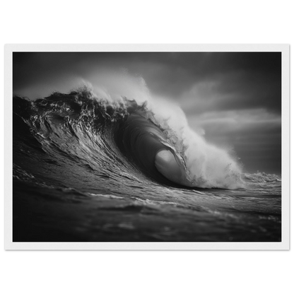 Black and white wave print in a white frame with a wide mount