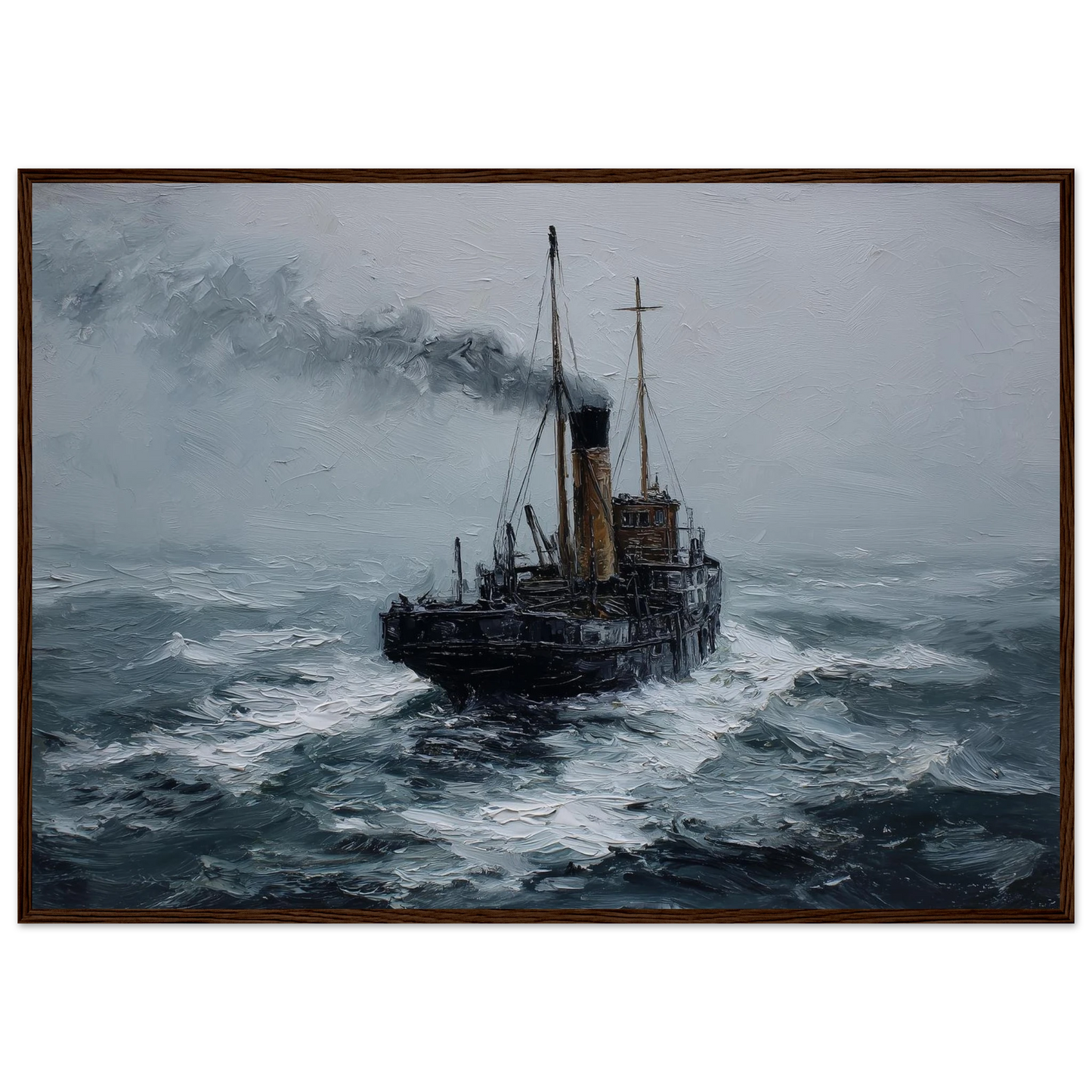Steam puffer working through a grey sea, framed in dark grey