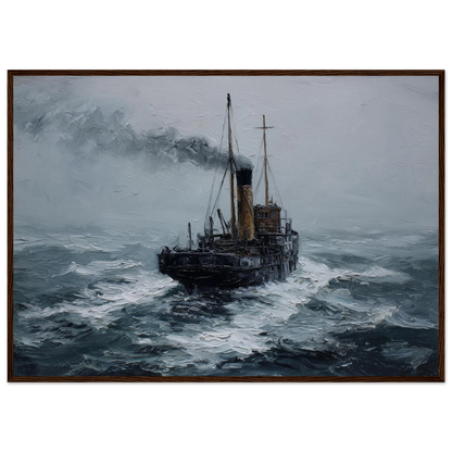 Steam puffer working through a grey sea, framed in dark grey