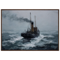 Steam puffer working through a grey sea, framed in dark grey