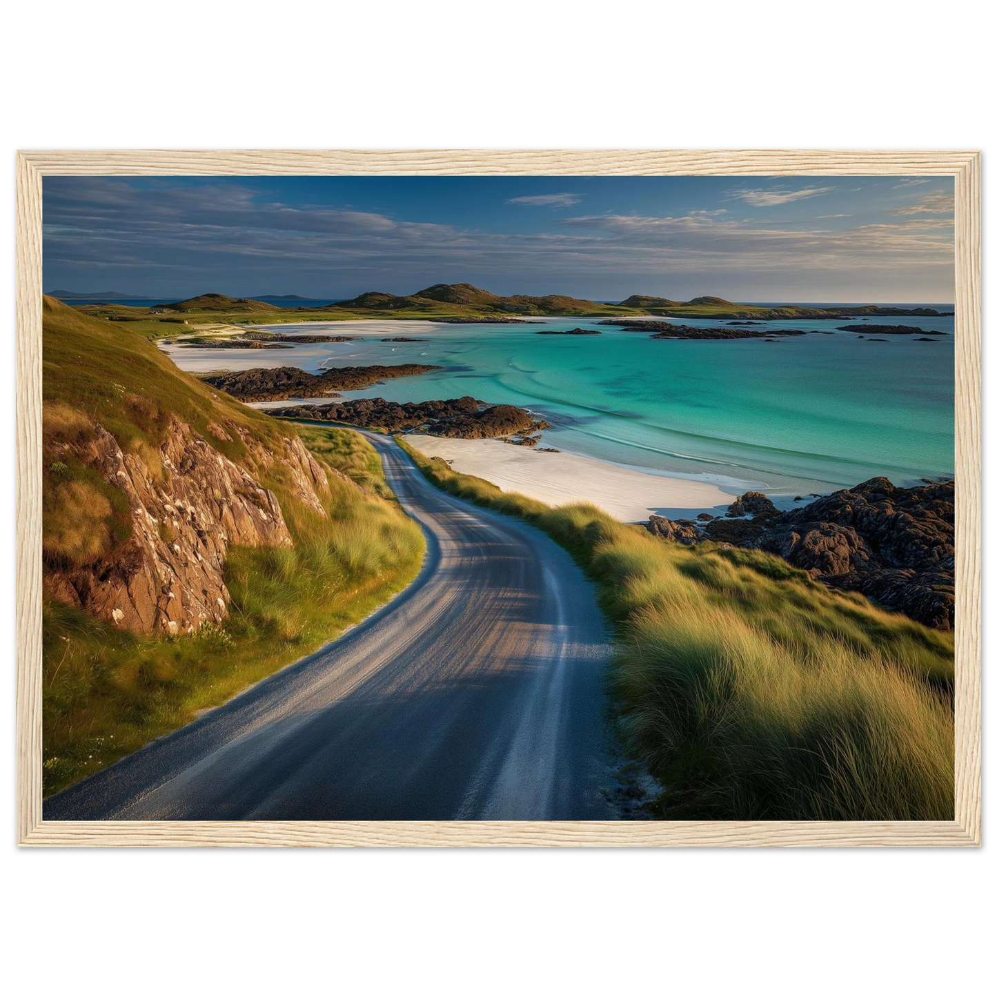 Hebridean coast road and white sand beach, in a light oak frame