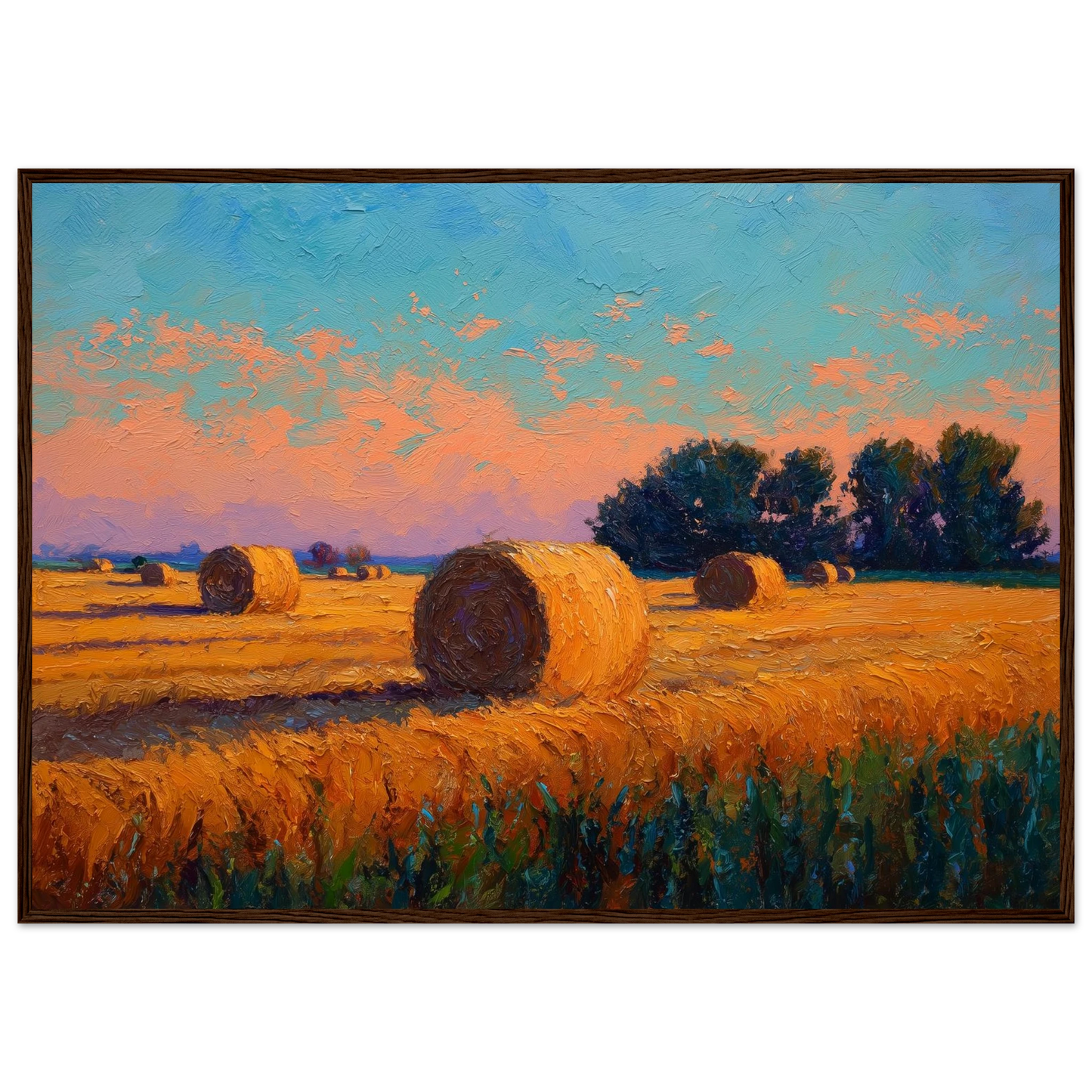 Cut field and dark treeline at sunset, impasto painting in a dark grey frame