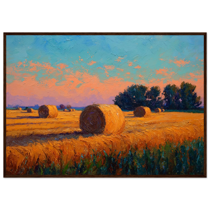 Cut field and dark treeline at sunset, impasto painting in a dark grey frame