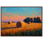 Cut field and dark treeline at sunset, impasto painting in a dark grey frame