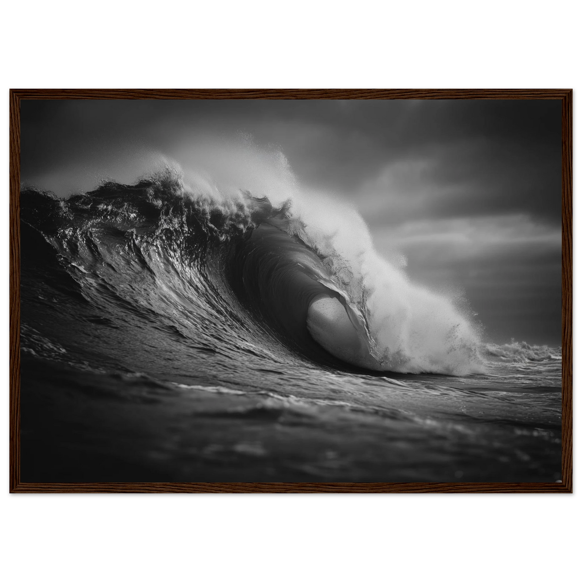 Breaking wave with light through the lip, framed in dark brown wood