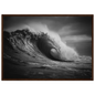 Breaking wave with light through the lip, framed in dark brown wood