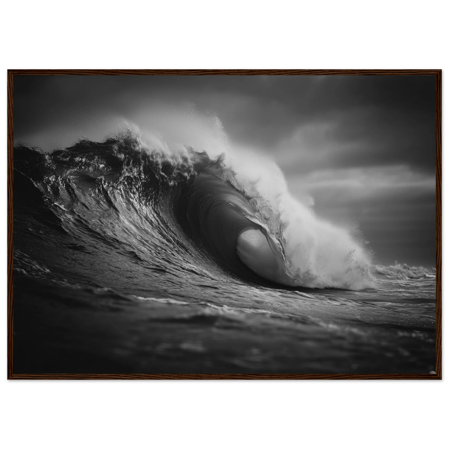 Wave curling into a barrel in black and white, framed in dark brown wood