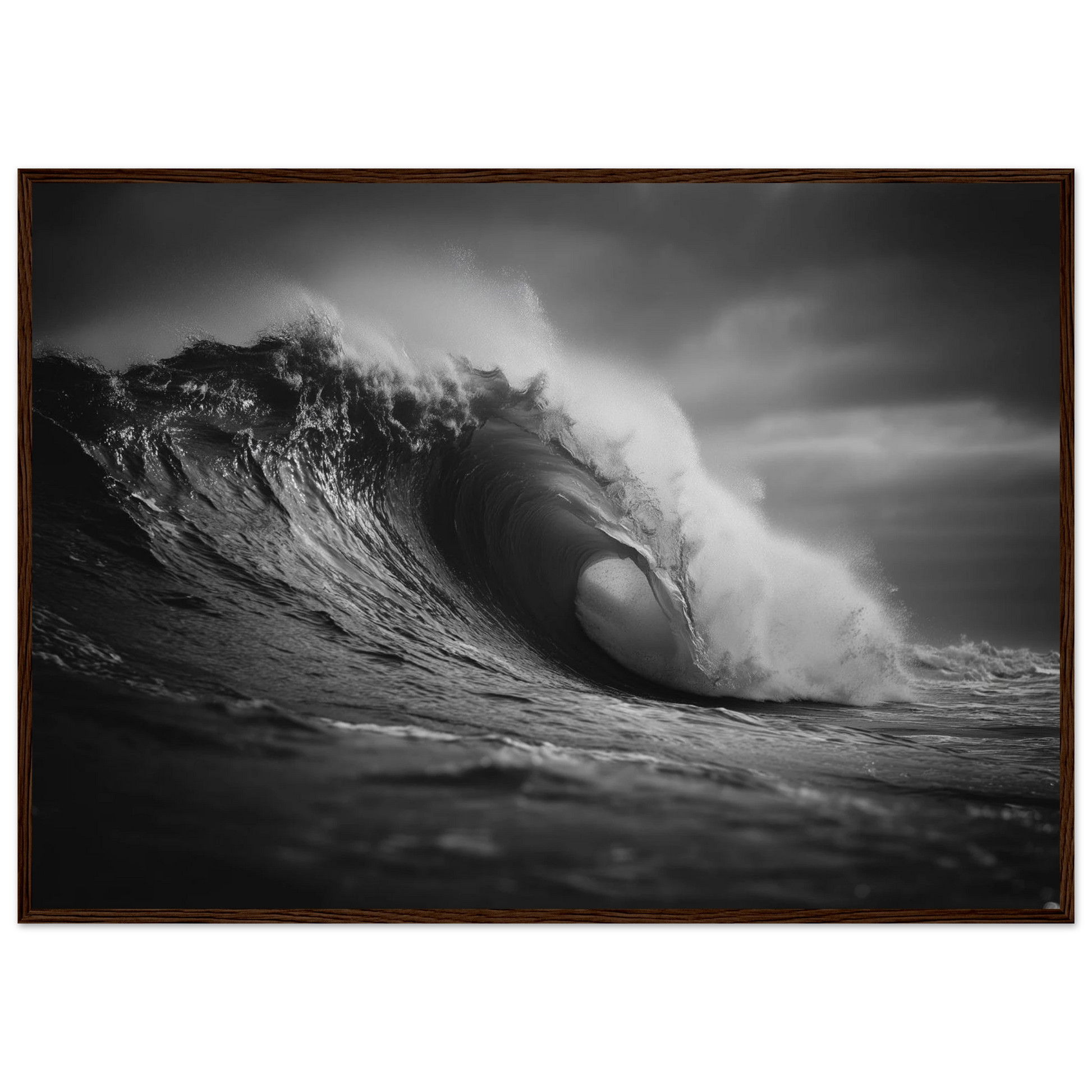 Wave curling into a barrel in black and white, framed in dark brown wood