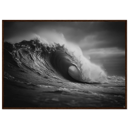 Wave curling into a barrel in black and white, framed in dark brown wood