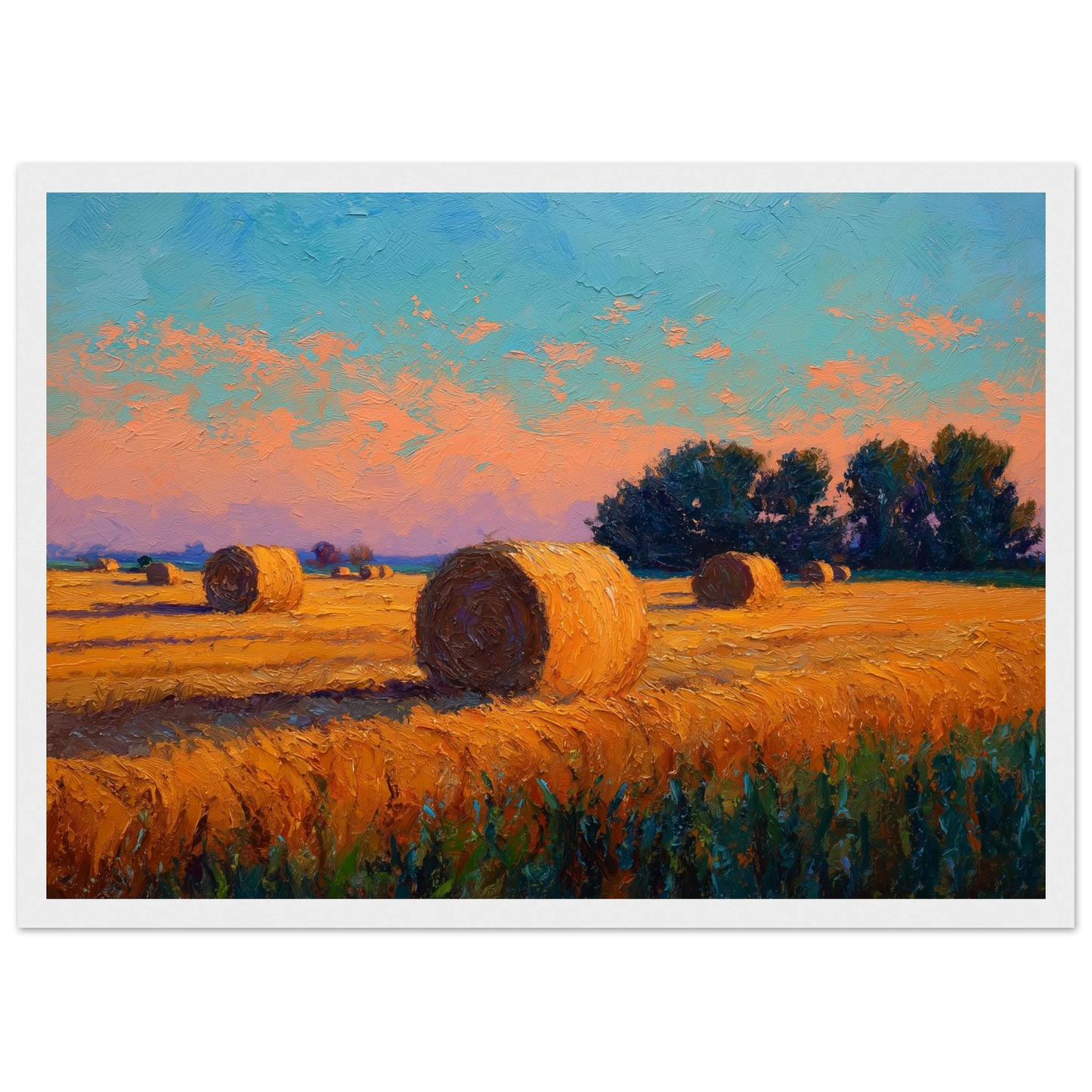Hay bales at sunset in thick brushwork, print in a white frame