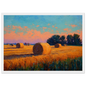 Hay bales at sunset in thick brushwork, print in a white frame