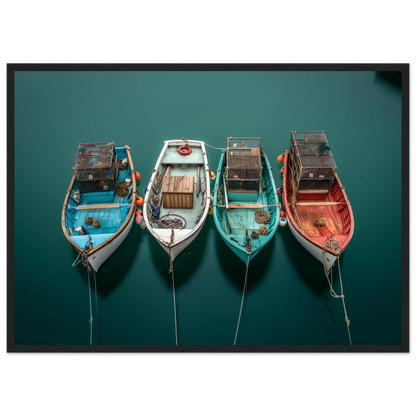 Four fishing boats seen from directly overhead, framed in black