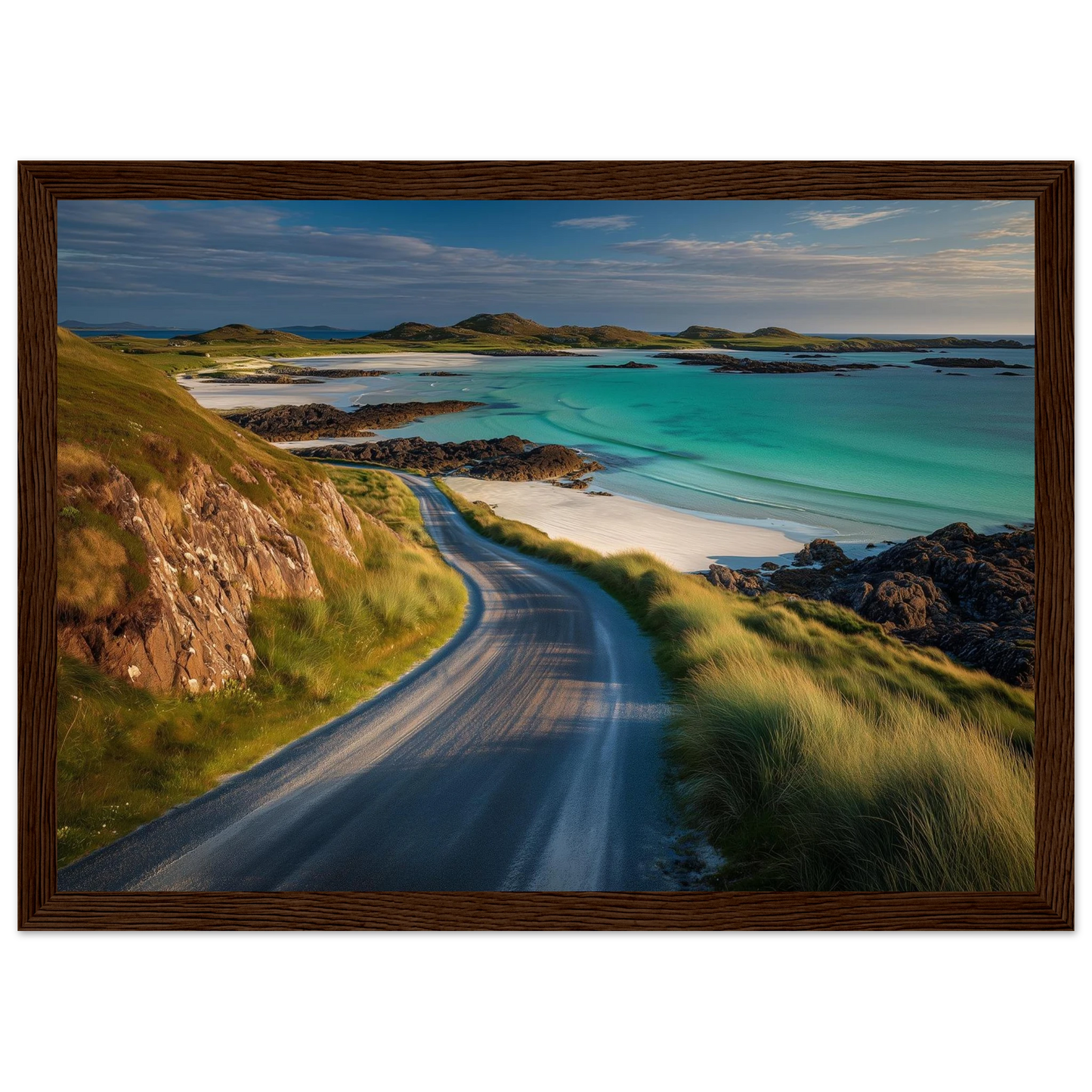 Scottish island coast road at golden hour, in a wide dark walnut frame