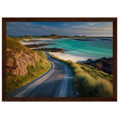 Scottish island coast road at golden hour, in a wide dark walnut frame