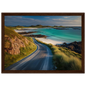Scottish island coast road at golden hour, in a wide dark walnut frame