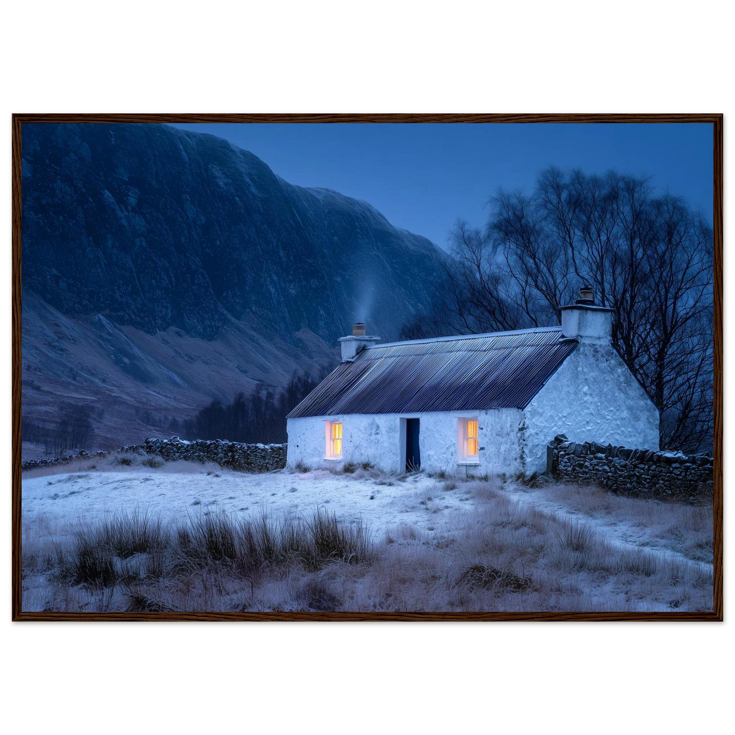 Snowy Scottish croft at dusk, framed print in a dark red-brown wood frame