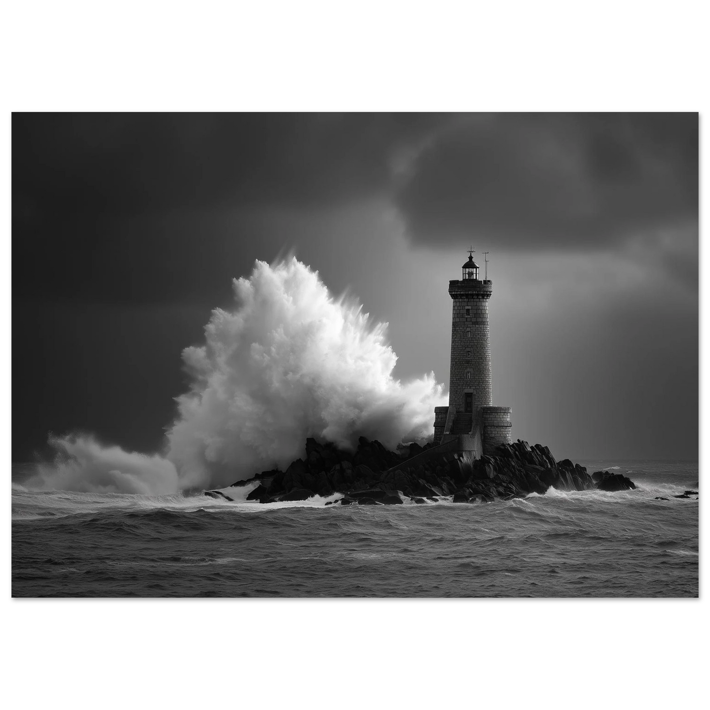 Spray bursting higher than a lighthouse tower, print in a dark grey frame