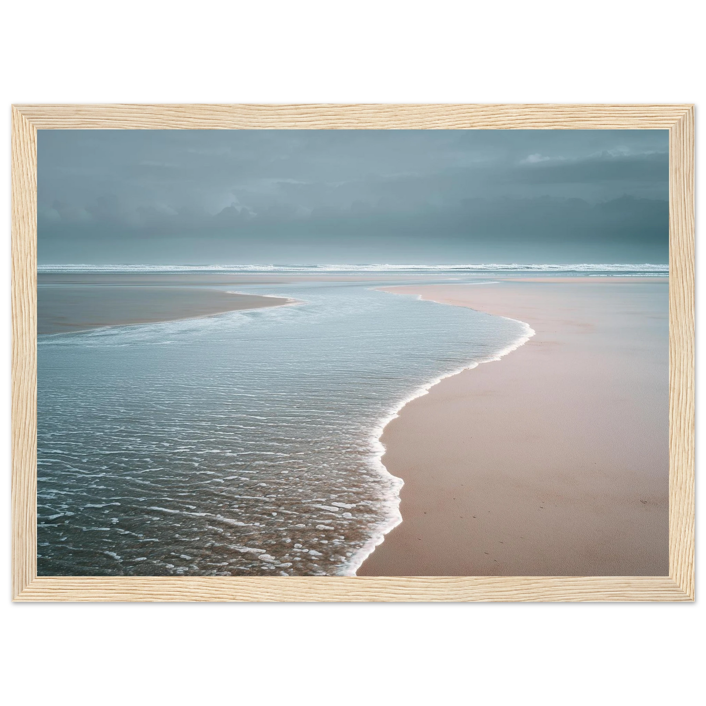 Quiet beach and shallow surf under a grey sky, framed in light natural wood