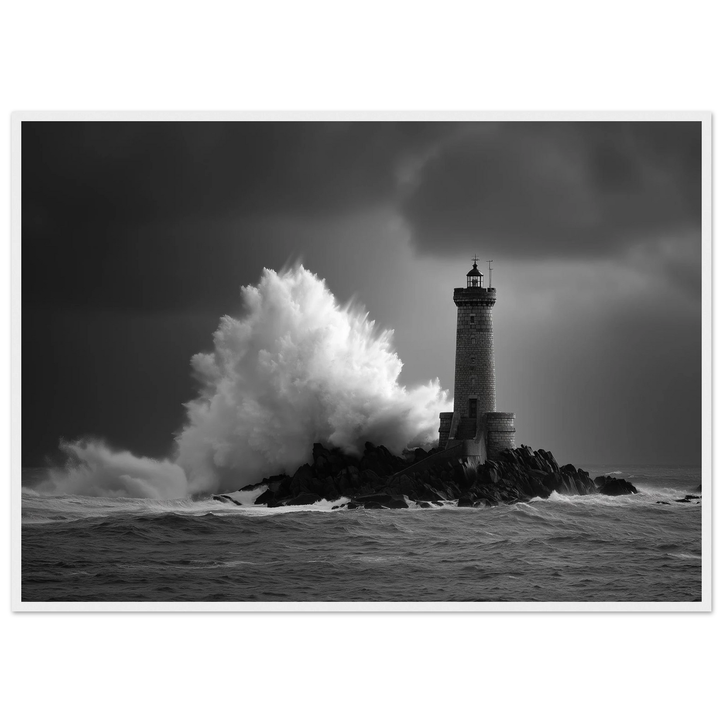 Lighthouse and breaking wave, monochrome print in a white frame with a wide mount