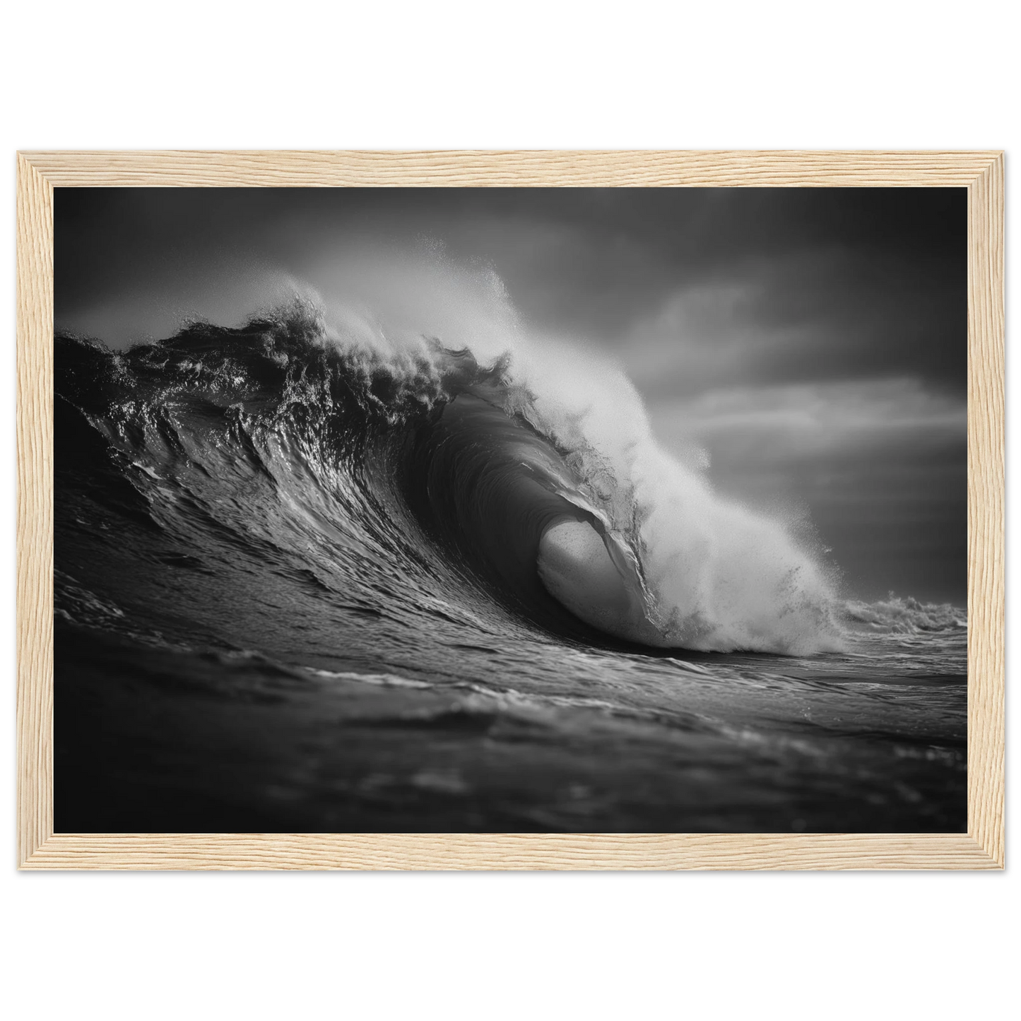 Ocean wave barrel in monochrome, framed in pale oak