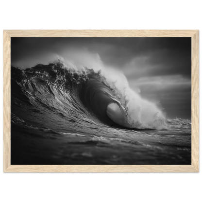 Ocean wave barrel in monochrome, framed in pale oak
