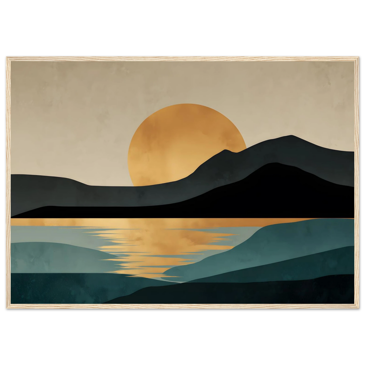 Scandinavian style minimalist sunset print in a white frame, teal and gold colours