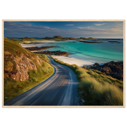 Coast road above turquoise Atlantic shallows, framed in pale natural wood