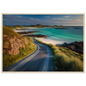 Coast road above turquoise Atlantic shallows, framed in pale natural wood